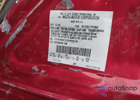 2005 Mazda Mazda6 I Base z USA, uszkodzony, nr VIN 1YVFP80C255M32138